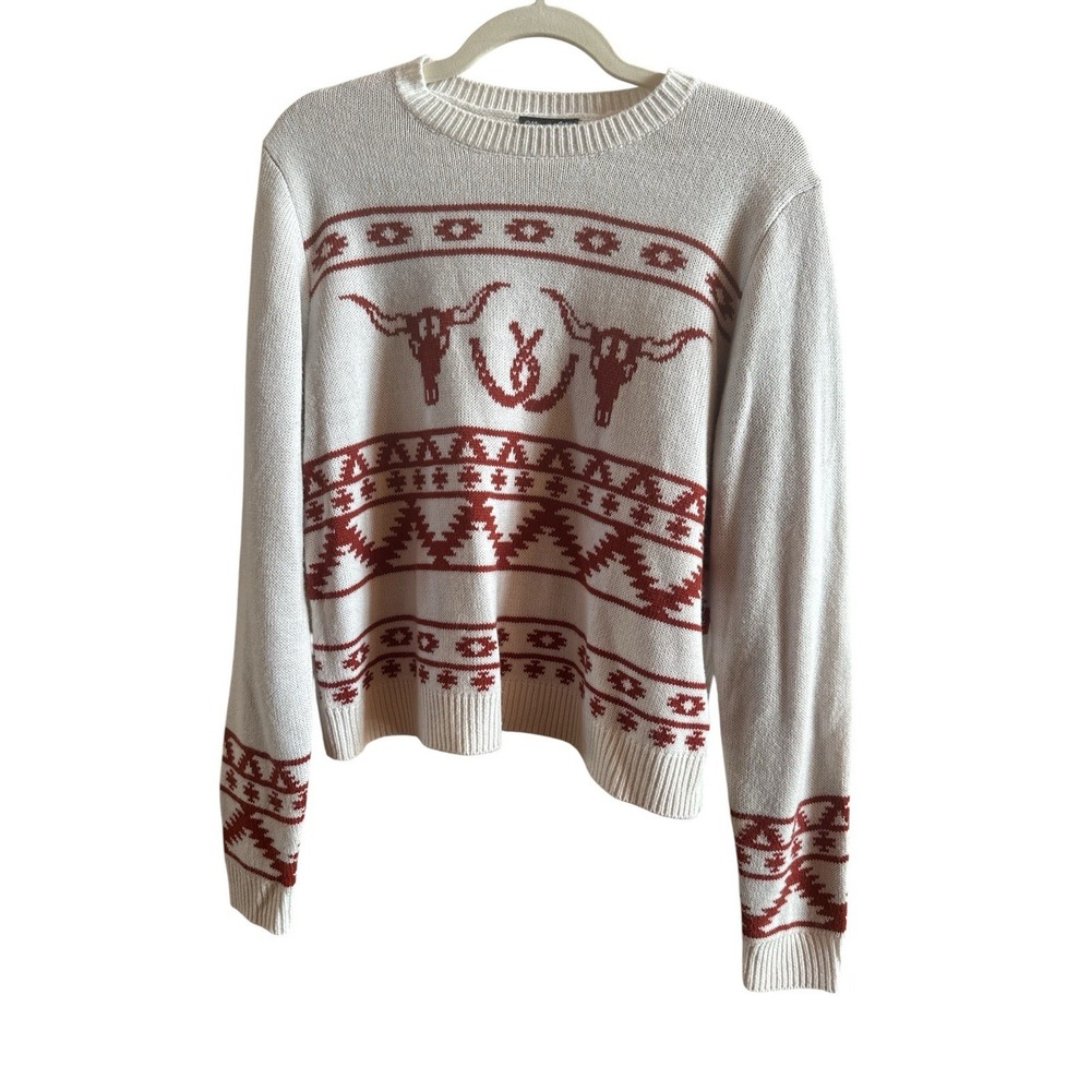 Wrangler Retro Horseshoe Longhorn Woman's XL White Rustโ Long Sleeve Sweater